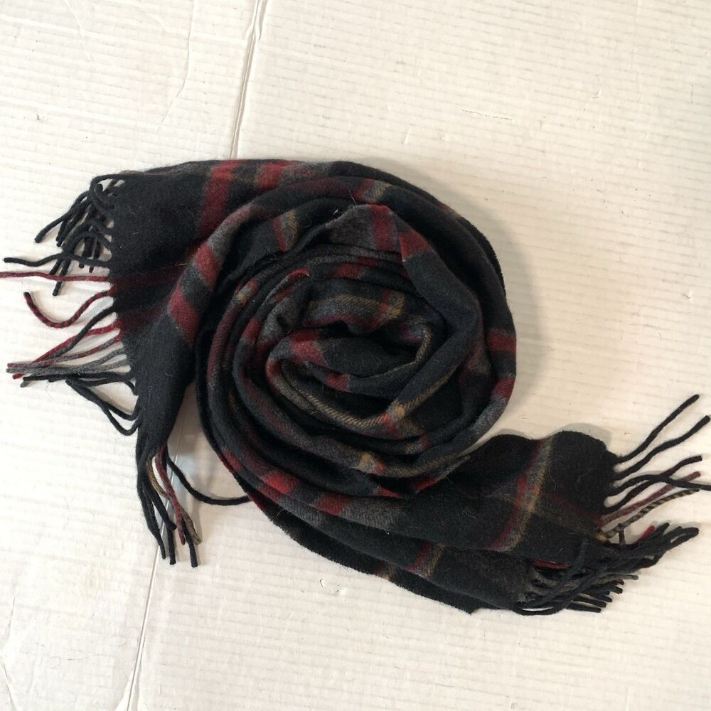 Adult Scarf 100% Cashmere Plaid Black Red Holiday Festive 63” Long Tassel